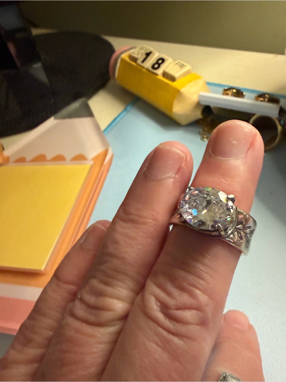 Source Unknown Silver Solitaire Ring with Clear Crystal